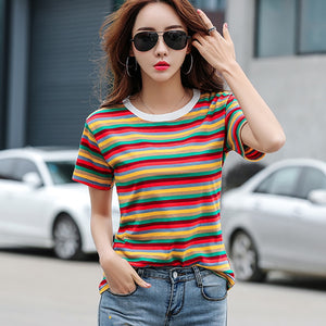 shintimes Striped T Shirt Women Summer Vintage Short Sleeve T-Shirt Female Cotton Korean Tshirt Woman Clothes Tee Shirt Femme