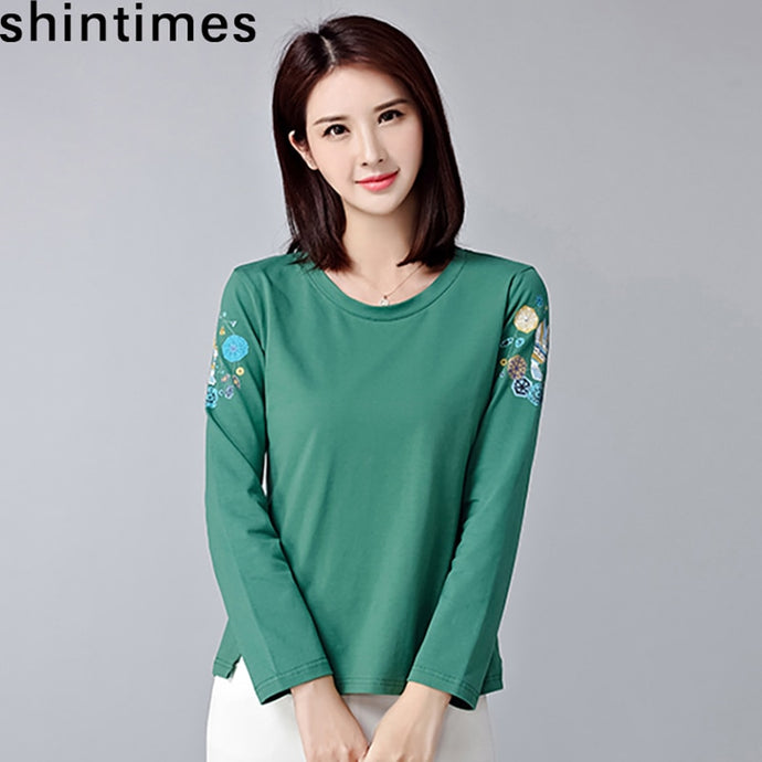 shintimes Woman Fashion 2019 Women Tshirt Vintage Embroidery Long Sleeve Shirt Women T-Shirt Autumn Korean Fashion Chemise Femme