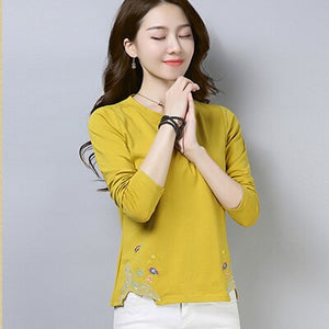 shintimes Woman Fashion 2019 Women Tshirt Vintage Embroidery Long Sleeve Shirt Women T-Shirt Autumn Korean Fashion Chemise Femme