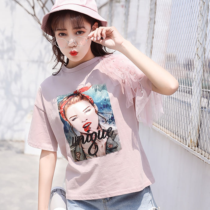 shintimes Tshirt Women Brand 2019 Summer T-Shirt Women Beading Short Sleeve Lace Cotton Vintage T Shirt Female Tee Shirt Femme