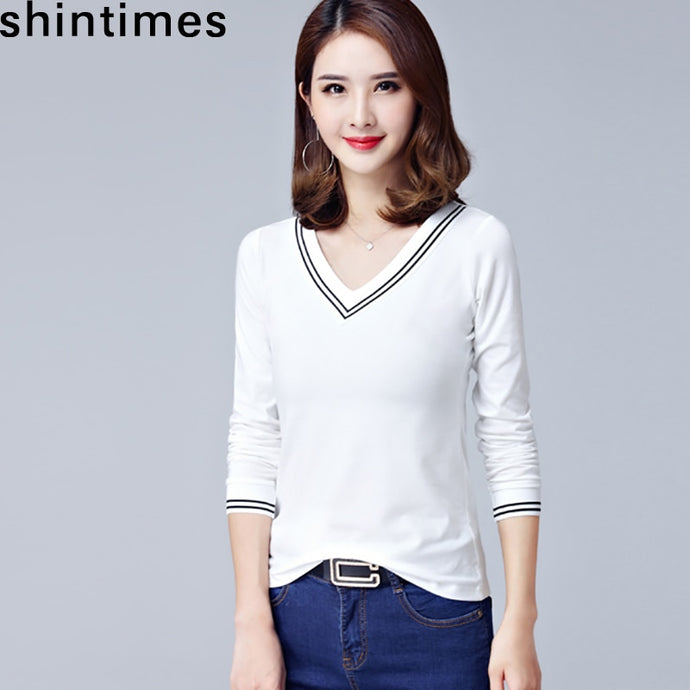 shintimes Vintage Tshirt Black White Long Sleeve Shirt Women Cotton V-Neck Clothes 2019 T-Shirt Camiseta Mujer Tee Shirt Femme