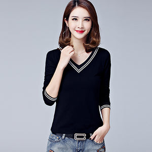 shintimes Vintage Tshirt Black White Long Sleeve Shirt Women Cotton V-Neck Clothes 2019 T-Shirt Camiseta Mujer Tee Shirt Femme