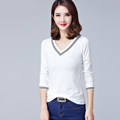 shintimes Vintage Tshirt Black White Long Sleeve Shirt Women Cotton V-Neck Clothes 2019 T-Shirt Camiseta Mujer Tee Shirt Femme
