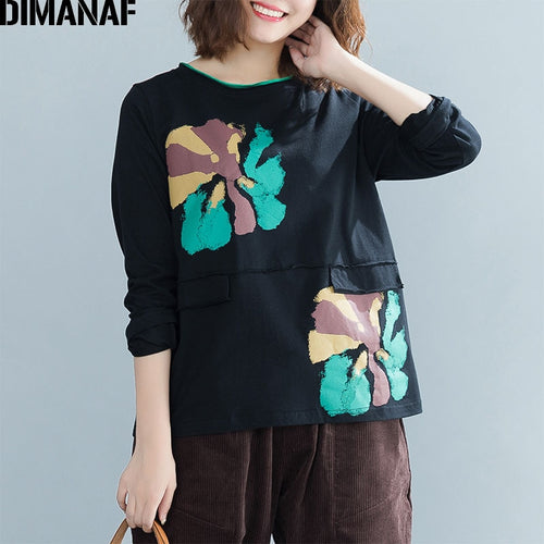DIMANAF Women's T-Shirts Plus Size Female Clothes Ladies Basic Tops Tees Print Black Pullover Autumn Cotton Loose tshirt 2018
