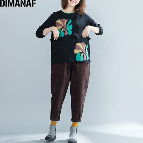DIMANAF Women's T-Shirts Plus Size Female Clothes Ladies Basic Tops Tees Print Black Pullover Autumn Cotton Loose tshirt 2018