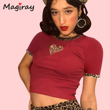 Load image into Gallery viewer, Magriay Sexy Hot Club T Shirt Women Heart Leopard Knit Crop Top Female Red Vintage Contrast Street Wear Tshirt 2019 Summer C15