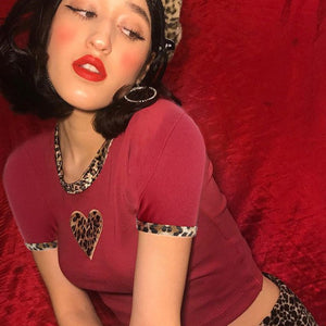 Magriay Sexy Hot Club T Shirt Women Heart Leopard Knit Crop Top Female Red Vintage Contrast Street Wear Tshirt 2019 Summer C15